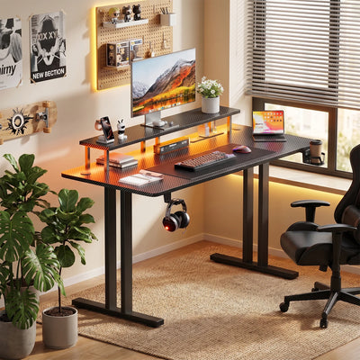 Gaming Desk with LED Lights, Power Outlet & Monitor Stand, Carbon Fiber