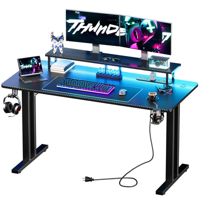 Gaming Desk with LED Lights, Power Outlet & Monitor Stand, Carbon Fiber