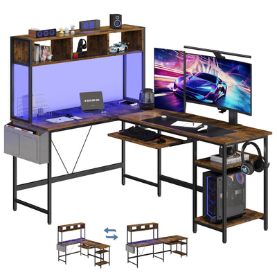 L Shaped Gaming Desk, 67" Corner Computer Table with LED Lighting, Storage Shelf