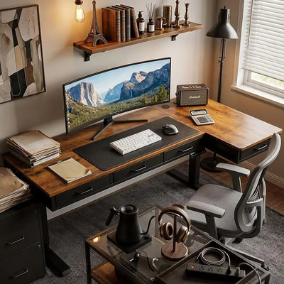 63 Inch L Shaped Electric Standing Desk with Ders, Height Adjustable Large Desk with Power Outlets, Sit Stand Table, Writing Com