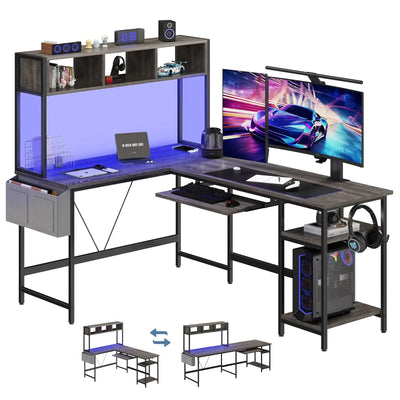 L Shaped Gaming Desk, 67" Corner Computer Table with LED Lighting, Storage Shelf