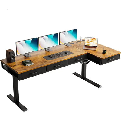 63 Inch L Shaped Electric Standing Desk with Ders, Height Adjustable Large Desk with Power Outlets, Sit Stand Table, Writing Com