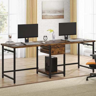 Two Person Desk, 78.74'' Long Double Computer Table with 2 Drawers & Shelves
