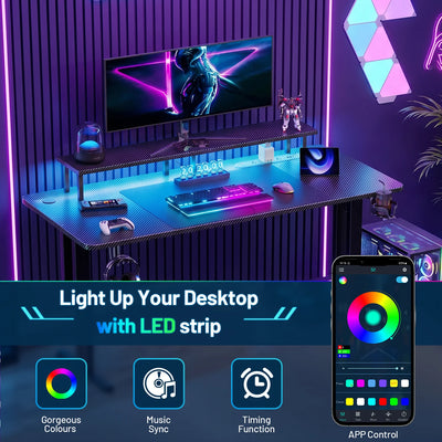 Gaming Desk with LED Lights, Power Outlet & Monitor Stand, Carbon Fiber