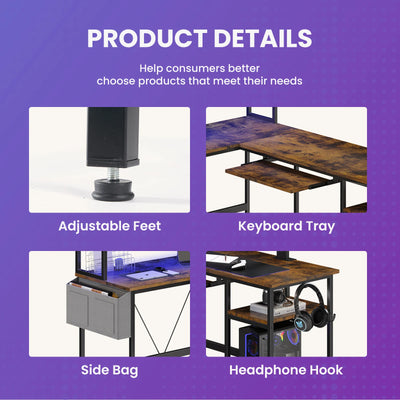 L Shaped Gaming Desk, 67" Corner Computer Table with LED Lighting, Storage Shelf
