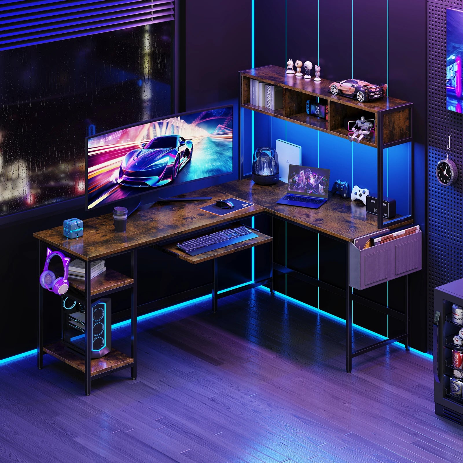JHK 67" L Shaped Gaming Desk Corner Desks for Compact Spaces with Keyboard Tray Storage Shelf Reversible Computer Desk with LED Lighting Metal Frame PC Gaming Table for Home Office