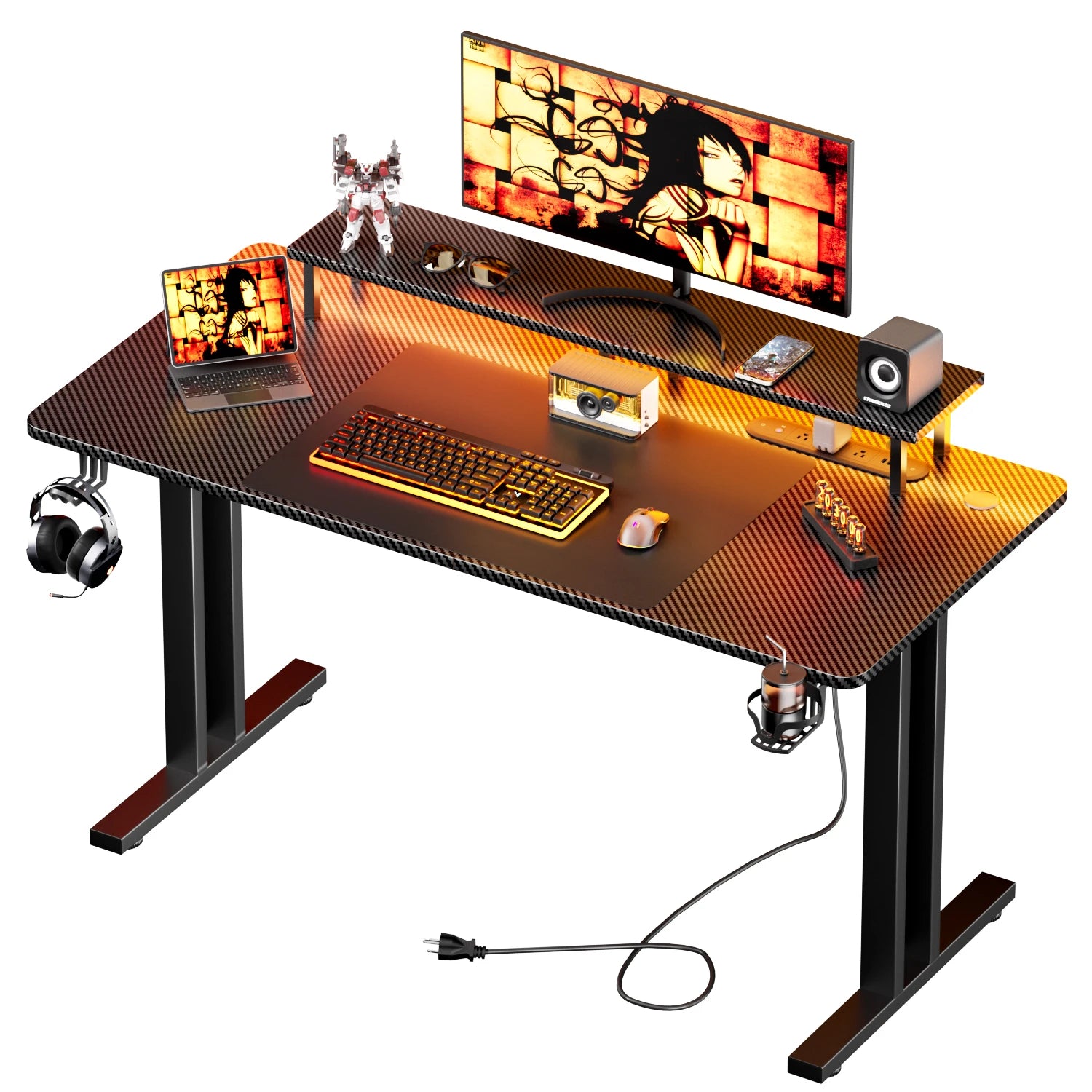 Gaming Desk with LED Lights & Power Outlet, Computer Gamer Desk with Monitor Stand, Ergonomic Carbon Fiber Gaming Table Home Office Desk with Cup Holder, Headphone Hook & Mouse Pad