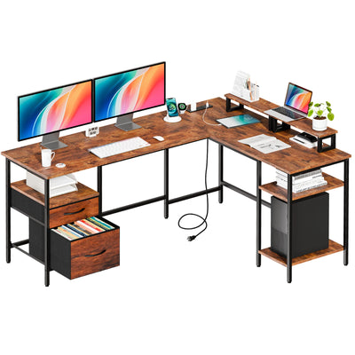 JHK 62IN L Shaped Computer Desk with 2 Drawers Wood Table with Adjustable Storage Shelves Charging Station Desk for Office