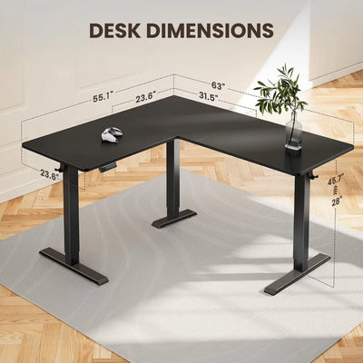L-Shaped Standing Desk, 63" Electric Adjustable, Black, 220 lbs
