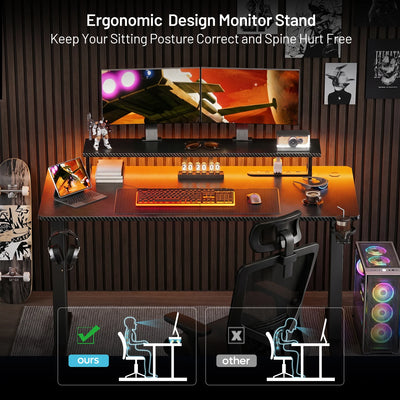 Gaming Desk with LED Lights, Power Outlet & Monitor Stand, Carbon Fiber