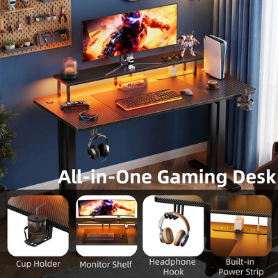 Gaming Desk with LED Lights, Power Outlet & Monitor Stand, Carbon Fiber