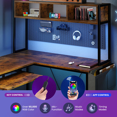 L Shaped Gaming Desk, 67" Corner Computer Table with LED Lighting, Storage Shelf