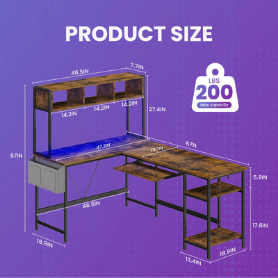 L Shaped Gaming Desk, 67" Corner Computer Table with LED Lighting, Storage Shelf