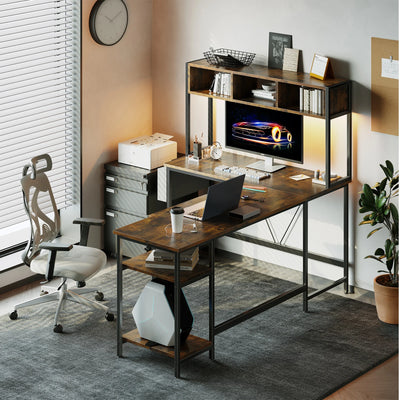 L Shaped Gaming Desk, 67" Corner Computer Table with LED Lighting, Storage Shelf