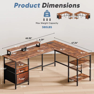 JHK 62IN L Shaped Computer Desk with 2 Drawers Wood Table with Adjustable Storage Shelves Charging Station Desk for Office
