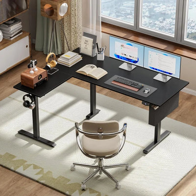L Shaped Standing Desk, 63" Height Adjustable, Black, Memory Presets