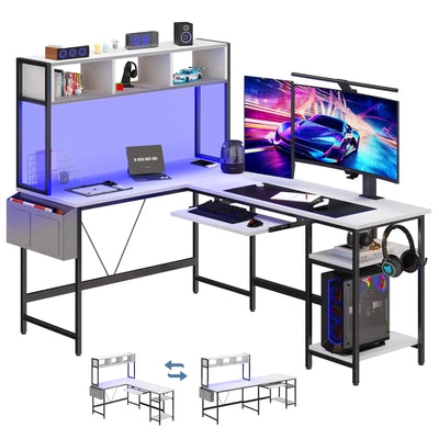 L Shaped Gaming Desk, 67" Corner Computer Table with LED Lighting, Storage Shelf