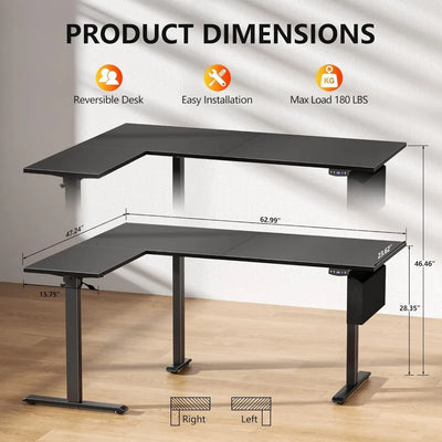 L Shaped Standing Desk, 63" Height Adjustable, Black, Memory Presets